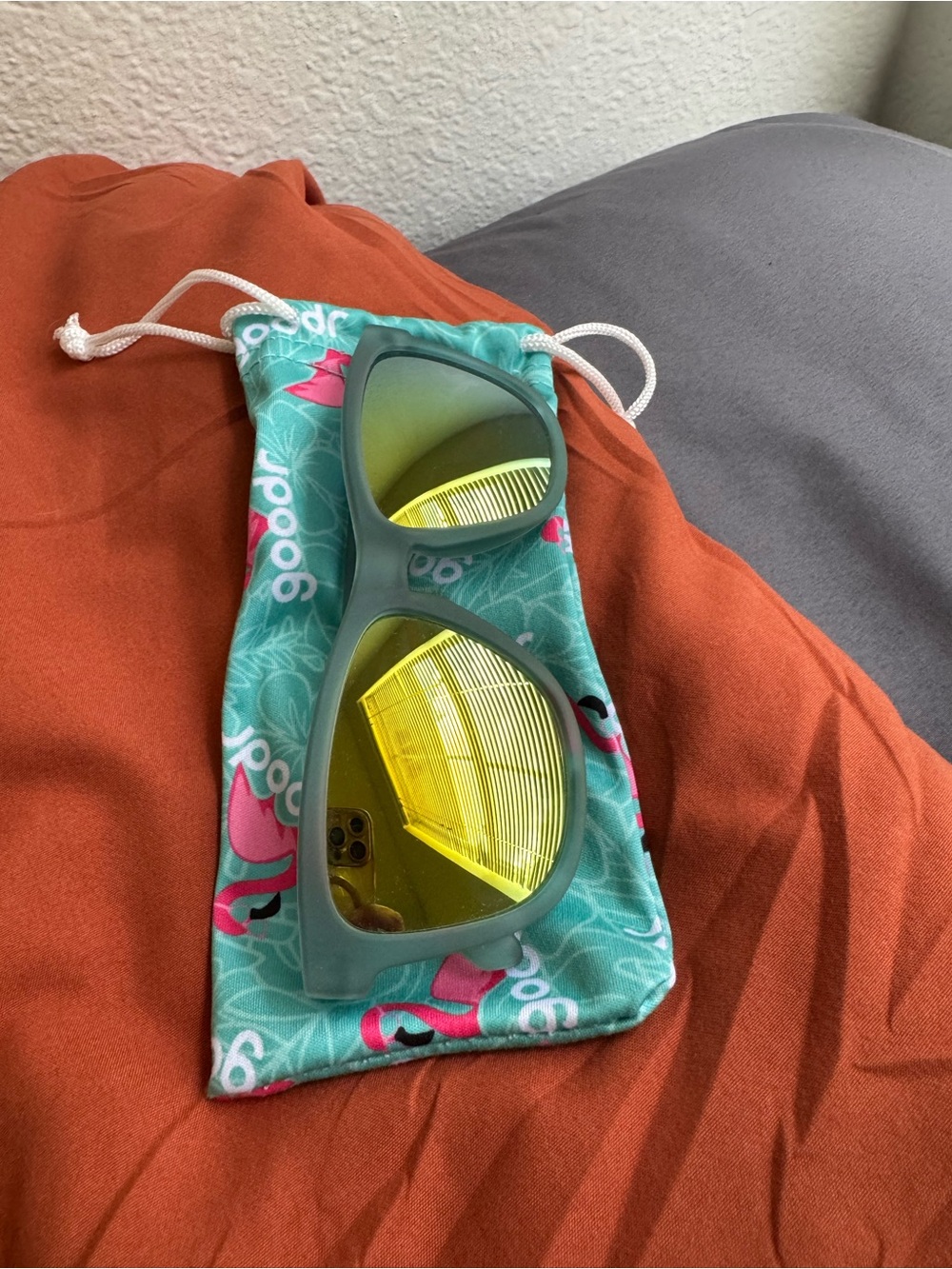 Goodr Teal Frame Sunglasses with Yellow Mirror Lenses